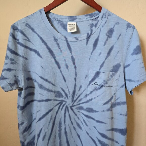 PINK Victoria's Secret Blue Tie Dye Love Pink Pocket Tee Shirt - Picture 5 of 15